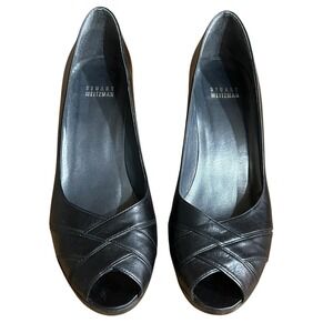 Stuart Weitzman Shoes Womens Sz 9 Black Peep Toe Leather Heels‎ Dress GW40651